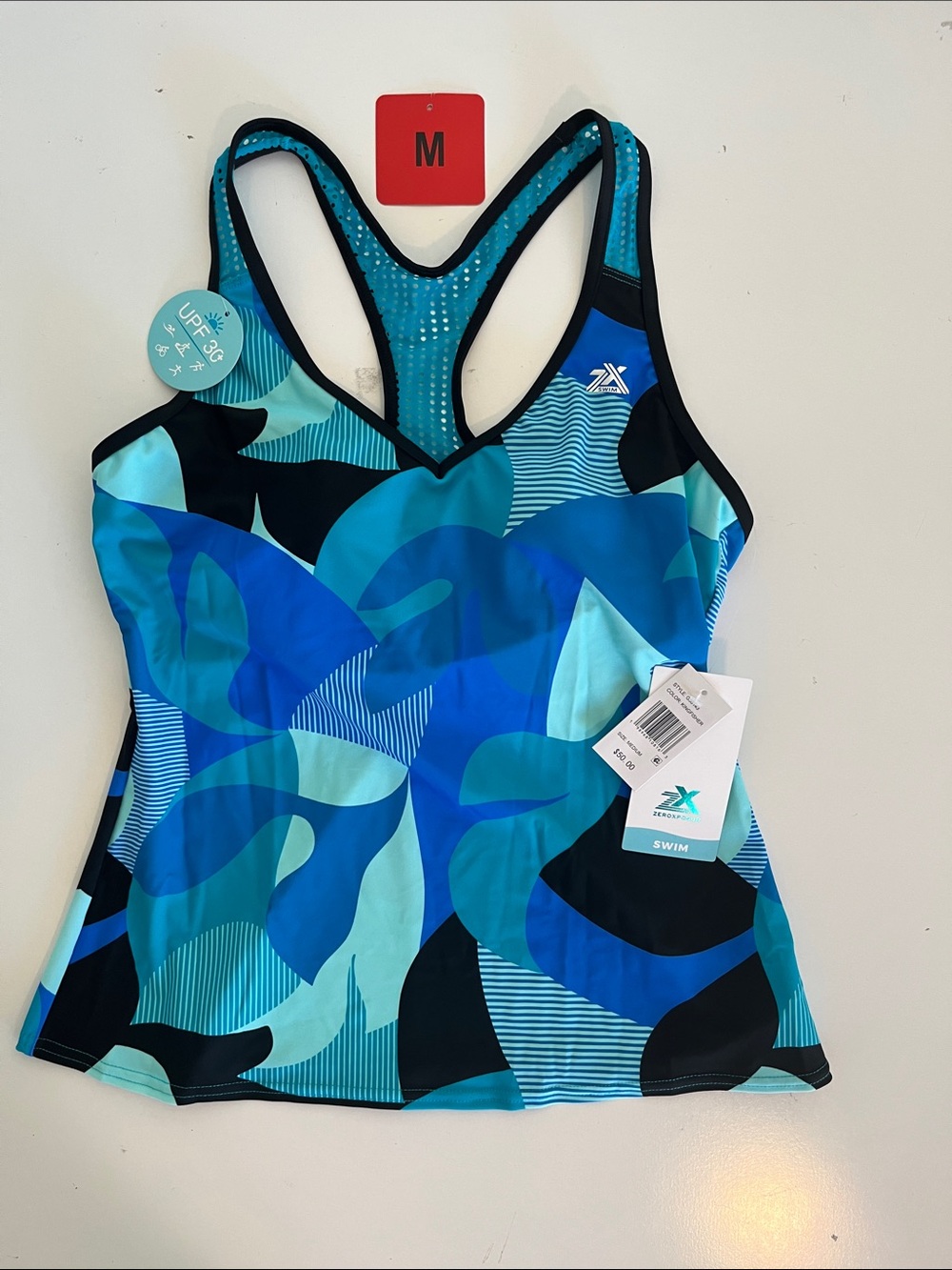 ZeroXPosur Women's Size M Blues & Black Pattern Raceback Swim Tankini Top UPF 30